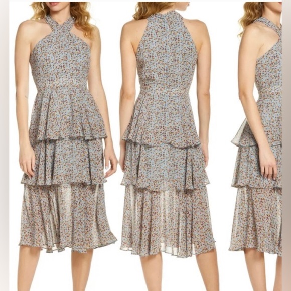 Sam Edelman | Printed Tiered Midi Dress in Dusty Blue - Picture 4 of 9